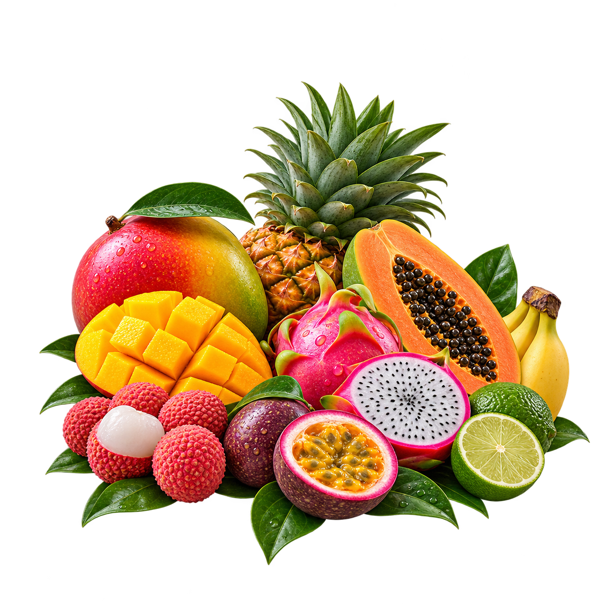 mango lime papaya pinaple exotic fruits